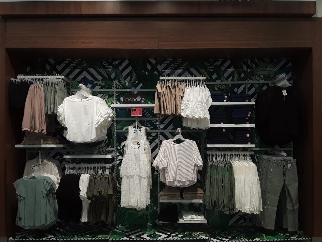Mondino womenswear wall — full presentation with tropical backdrop
