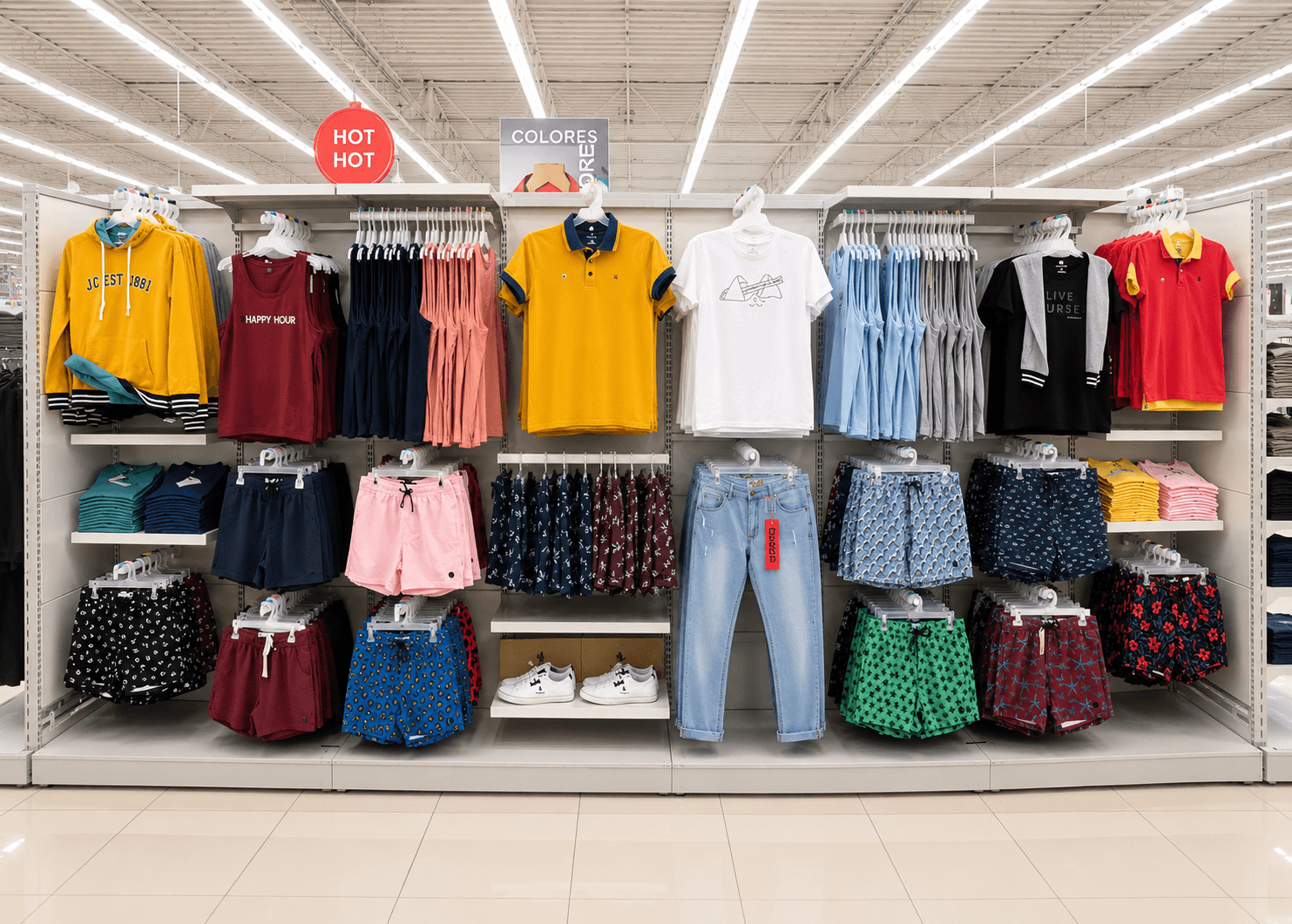 Boys department floor display — colorful tops and shorts with Hot Hot signage