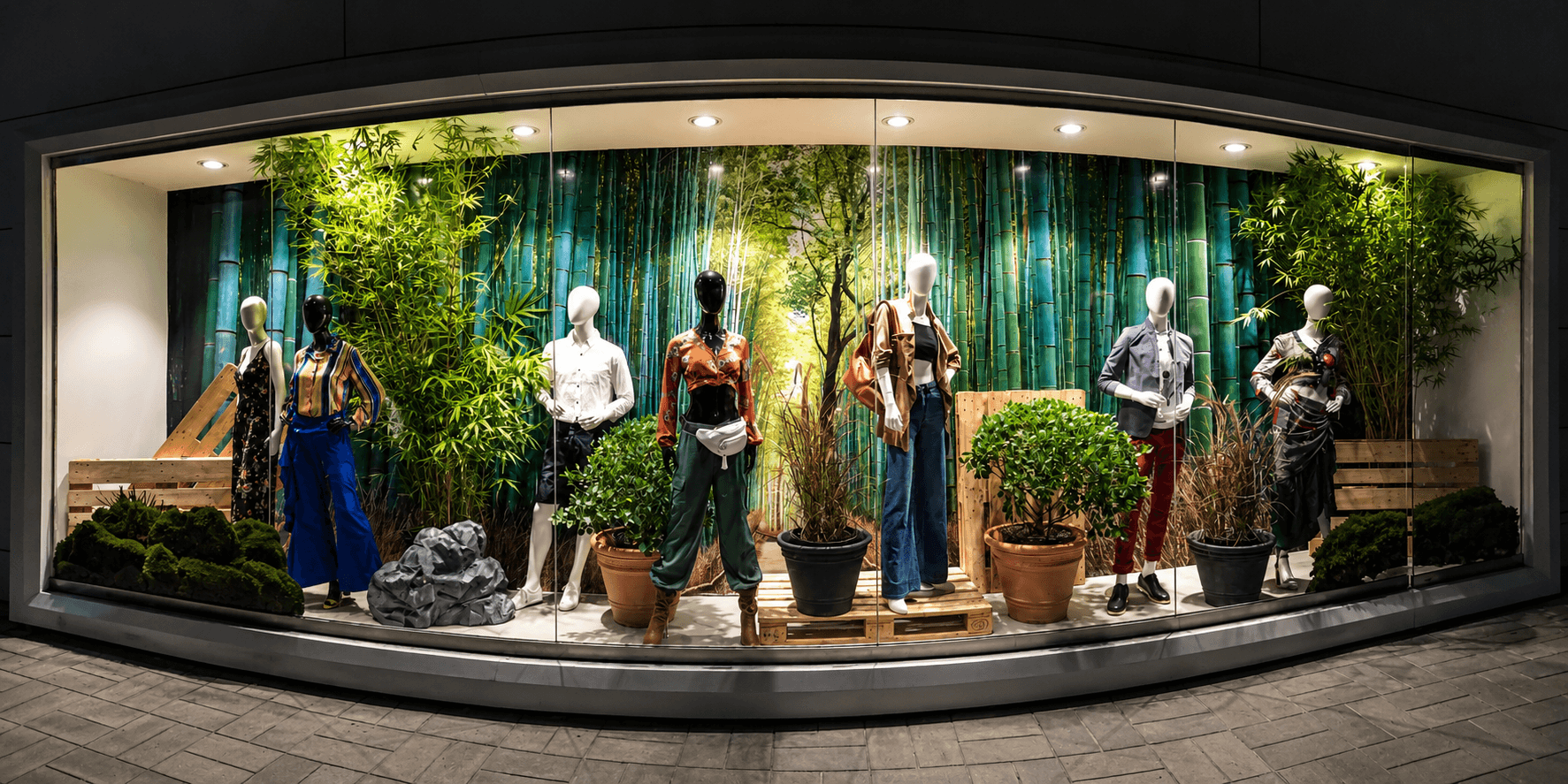 Storefront window display — night shot with mannequins and bamboo backdrop