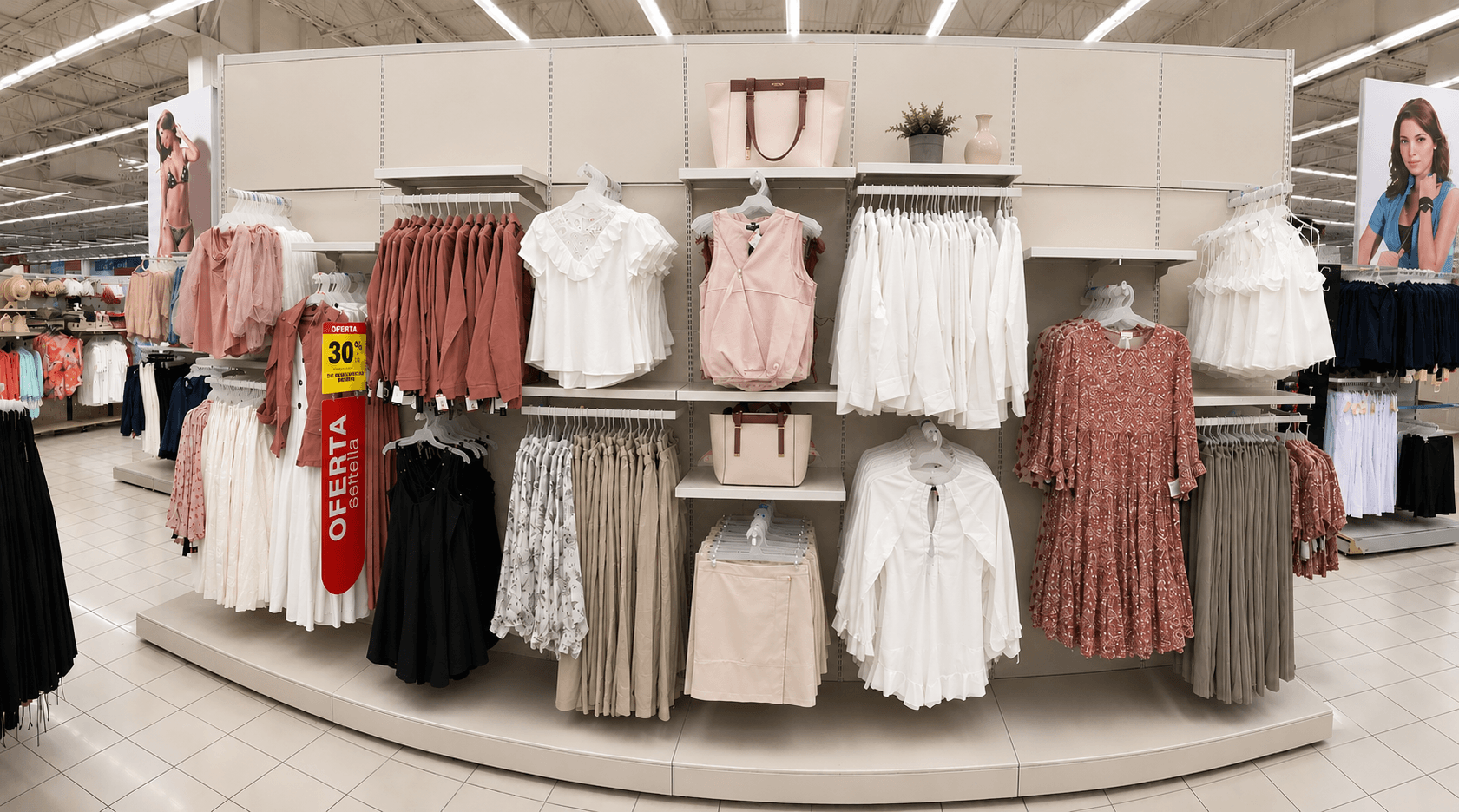 Women's round fixture — blush and white apparel with handbag styling